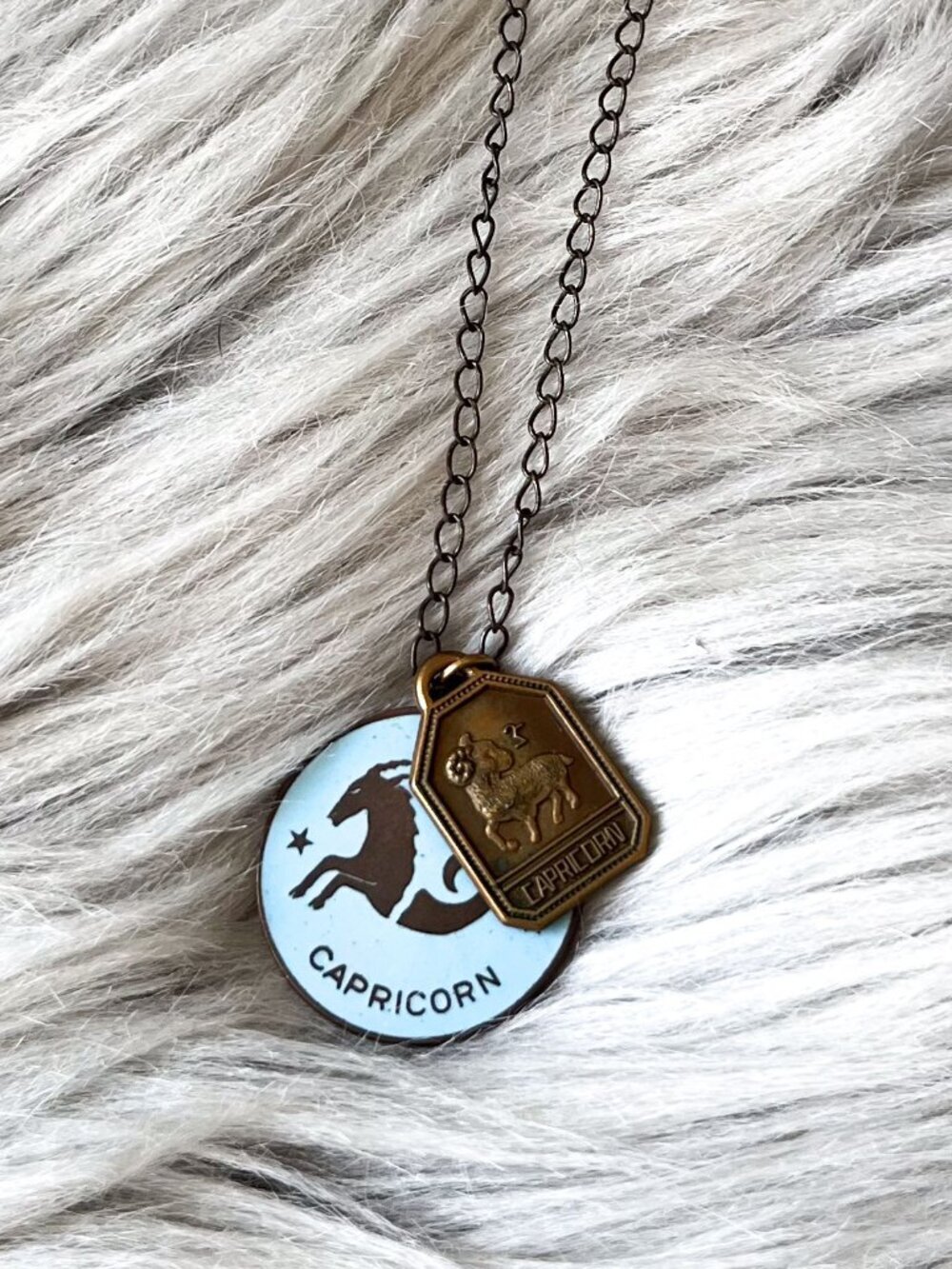 Capricorn Zodiac Pendant Necklace Bronze Blue Enamel Astrology Gift OS